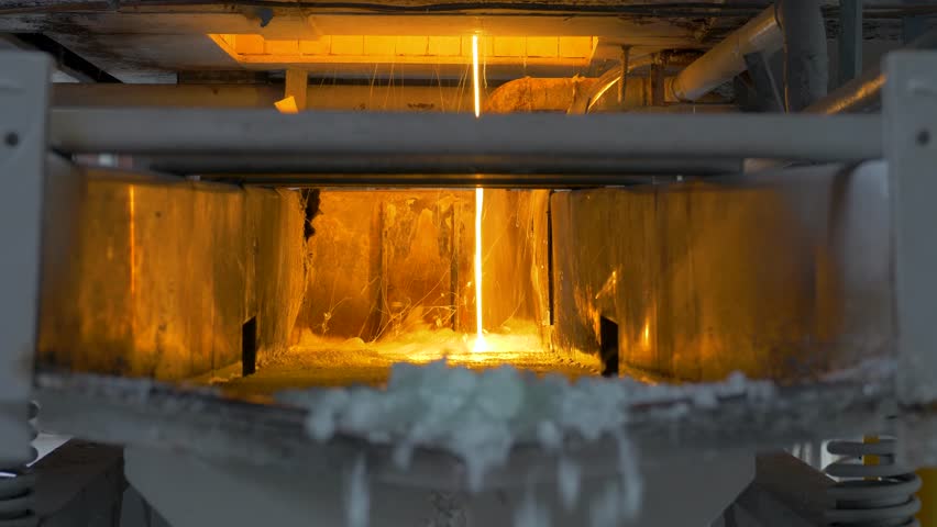 Production of ceramic frits glaze on heavy industrial enterprise. Minerals, pigments and fluxes melts during firing. Enterprise for the production of ceramic tiles