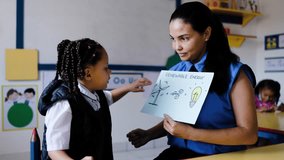 Kid student learning with teacher about alternative renewable energy at kindergarten school class. Education concept - Powered by Shutterstock - Get 15% off with code: PIKWIZARD15
