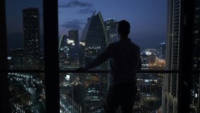 Man Stands Near the Window of the Building to See a Panoramic View of Urban  - Powered by Shutterstock - Get 15% off with code: PIKWIZARD15