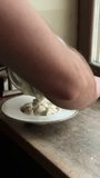 cook puts a dish from a pan into a plate, vertical video, slow motion