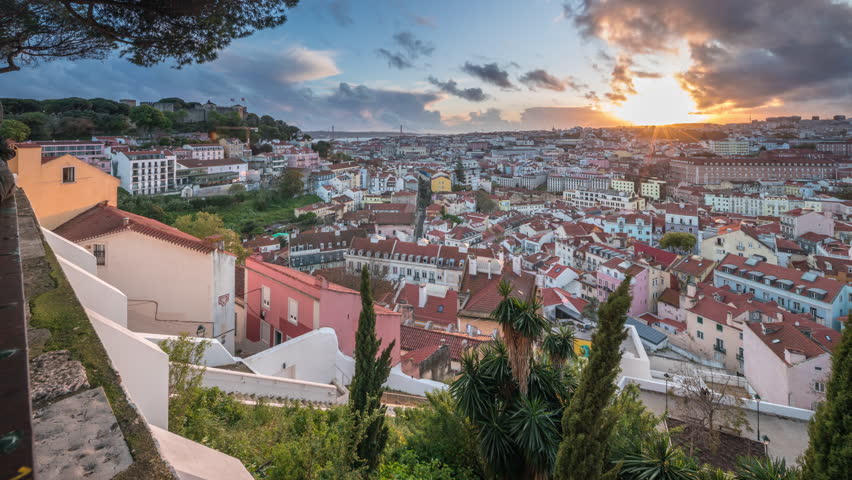Panorama showing aerial cityscape during sunset from Miradouro da Graca viewpoint in Lisbon city. Dramatic orange clouds over historic houses with red roofs at evening. Recently opened new funicular