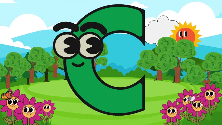 In this video Letter C Is shown with googly eyes is in a beautiful garden in which flowers have smiling face in the background bright blue sky and animated sun with hapy face 