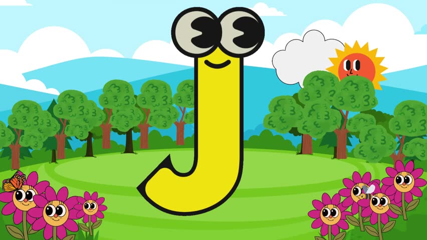 In this video Letter  J Is shown with googly eyes is in a beautiful garden in which flowers have smiling face in the background bright blue sky and animated sun with hapy face 