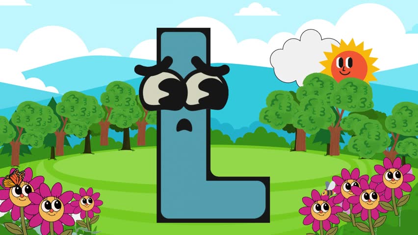 In this video Letters  are shown with googly eyes is in a beautiful garden in which flowers have smiling face in the background bright blue sky and animated sun with hapy face 
