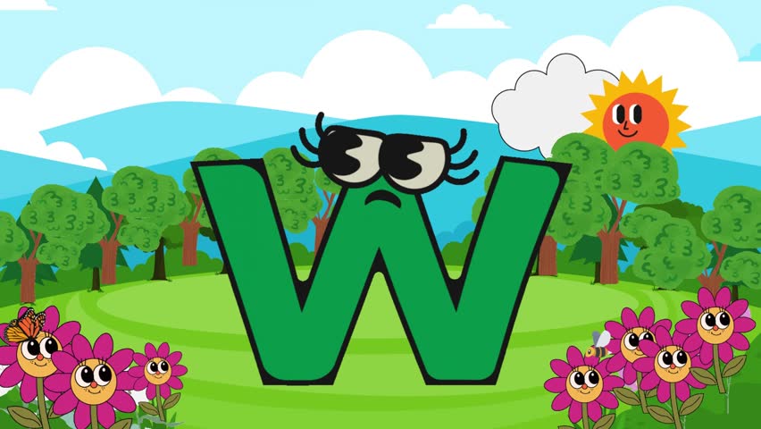 In this video Letters  are shown with googly eyes is in a beautiful garden in which flowers have smiling face in the background bright blue sky and animated sun with hapy face 