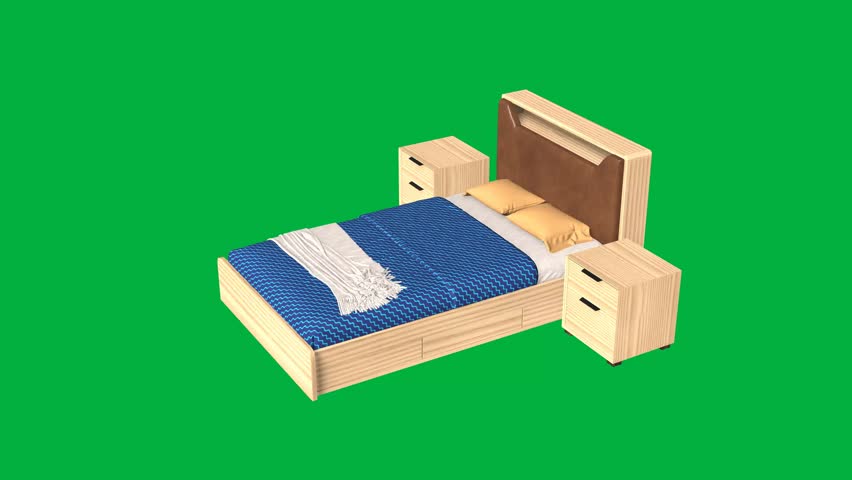 A bed with a blue comforter and pillows is shown on a green background. The bed is placed in front of two nightstands