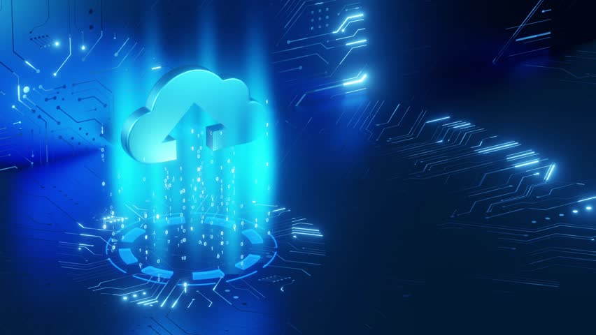 A digital cloud icon with a stream of binary code representing data upload and cloud computing technology in a high-tech setting. - Powered by Shutterstock - Get 15% off with code: PIKWIZARD15