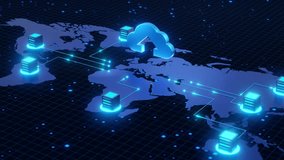 A digital cloud icon with data connections to various servers around the world, representing a global cloud network and data centers. - Powered by Shutterstock - Get 15% off with code: PIKWIZARD15