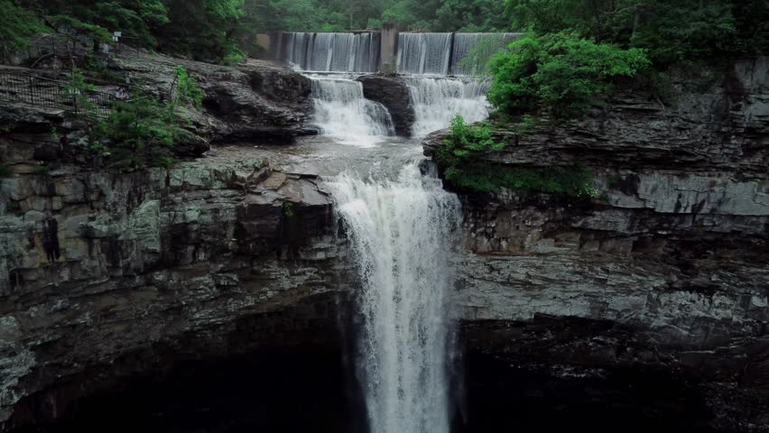 Ascend above the treeline to witness the splendor of Desota Falls from the sky. This aerial image captures the full glory of the falls, set against the rugged backdrop of Alabama’s landscapes. 