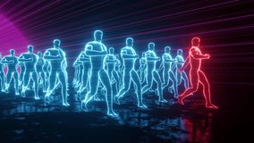 Side view on group of digital holographic people walking under a laser show. Retrofuturistic background for retro style projects, banners, posters. 4k footage. Animation 3d. Repeat seamless loop. - Powered by Shutterstock - Get 15% off with code: PIKWIZARD15