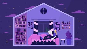 Woman reading book at home lo fi animated cartoon background. Cozy domestic life lofi aesthetic live wallpaper animation. Apartment house in night sky color chill scene 4K video motion graphic