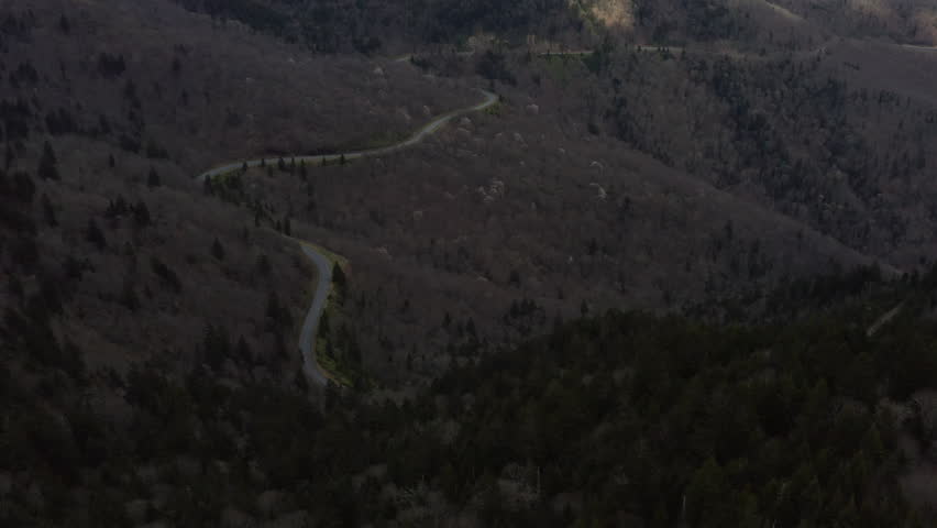 Aerial view above Blue Ridge Parkway winding through Appalachian Mountains