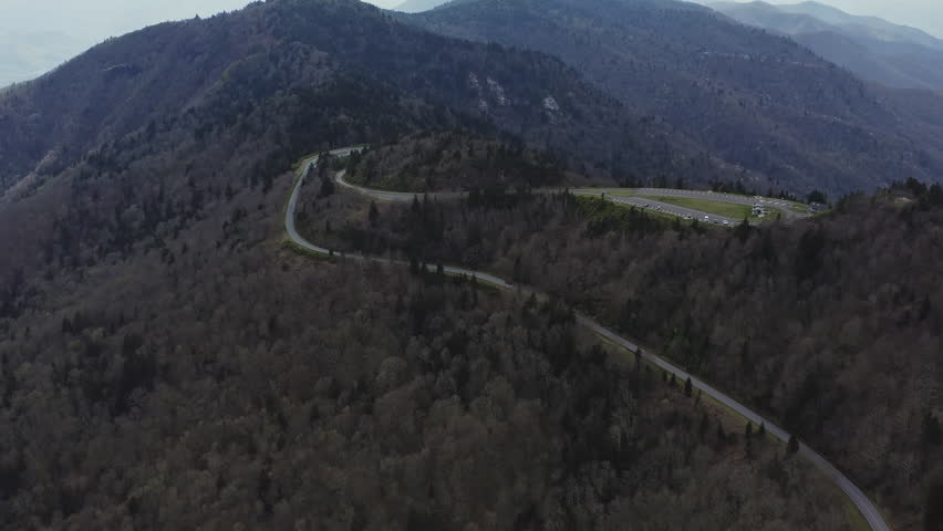 Aerial view of Blue Ridge Parkway with hiking parking lot on ridge