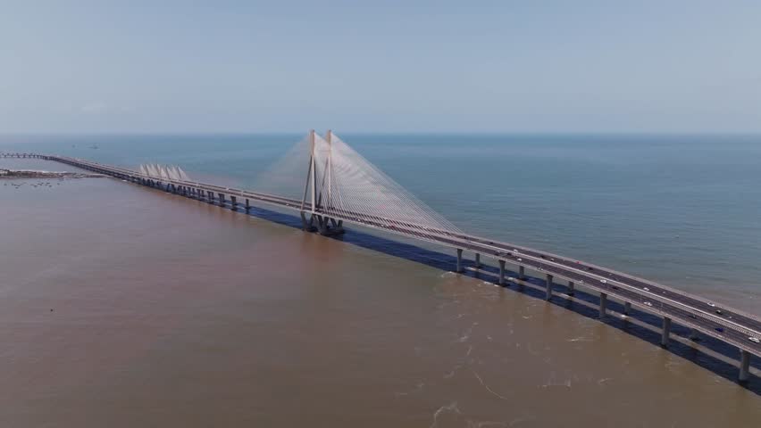 Aerial Shot of Bandra-Worli Sea Link Bridge, Mumbai City. Longest Bridge in India.