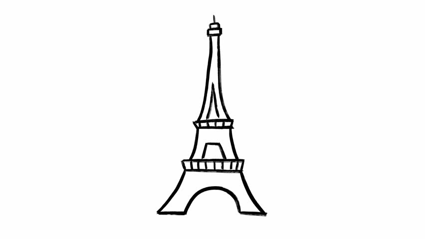 Hand drawn outline of the Eiffel Tower made in black color on white background in loop stop motion. Scribble style sketch of the most famous French sights known all over the world. Travel concept