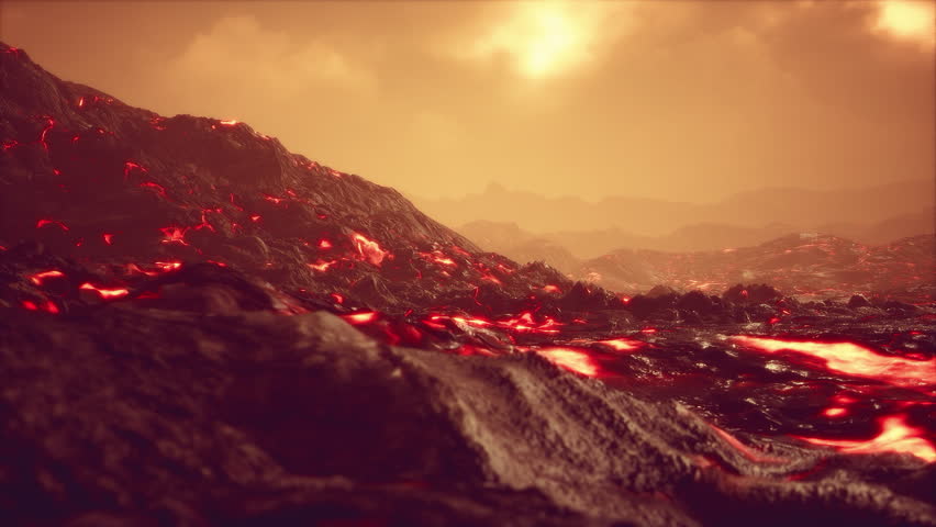 black lava field with hot red orangelavaflow at sunset