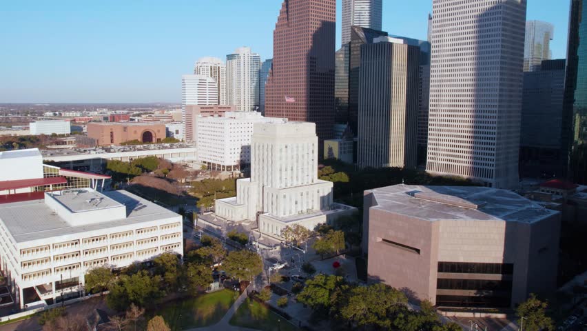 Aerial View of Houston City Hall and Downtown District Buildings on Sunny Day, Texas USA, Drone Shot