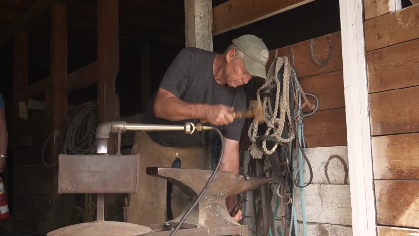 Senior male farrier shaping horseshoes at anvil in stable
