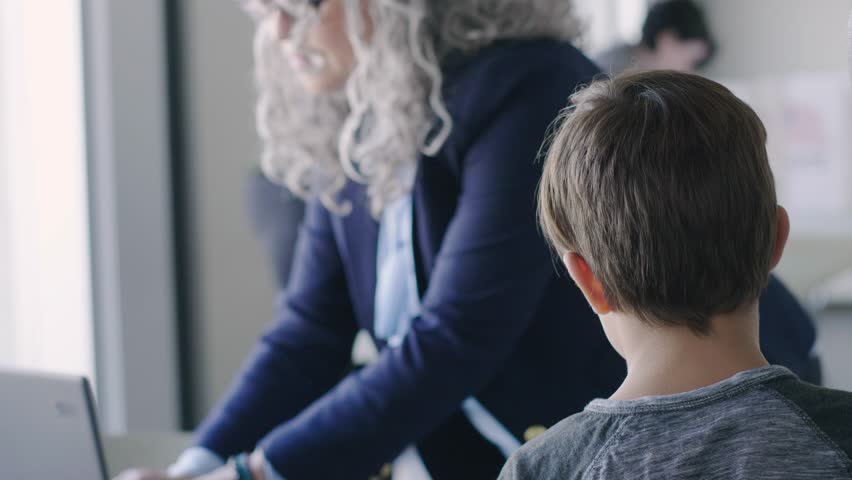 Volunteer helping mother and son check in at American polling place