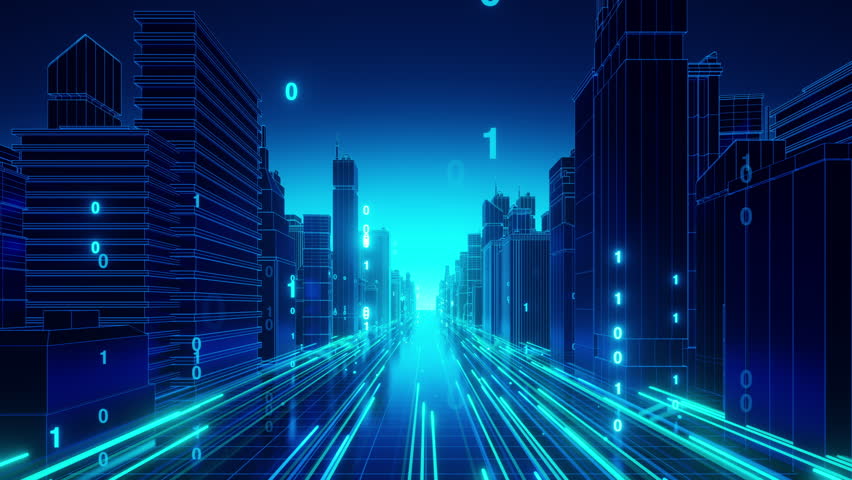 A futuristic digital cityscape illuminated by neon lights, featuring streams of binary code and advanced technology in a virtual environment. - Powered by Shutterstock - Get 15% off with code: PIKWIZARD15