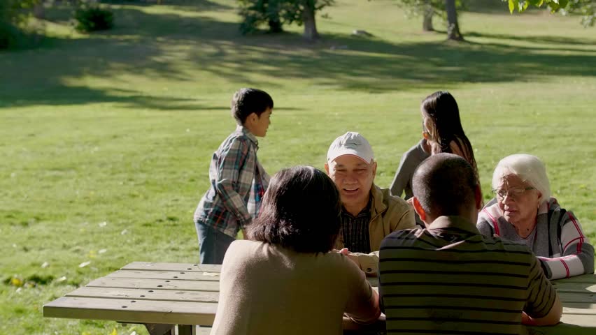 Happy multigenerational family talking and playing in sunny park