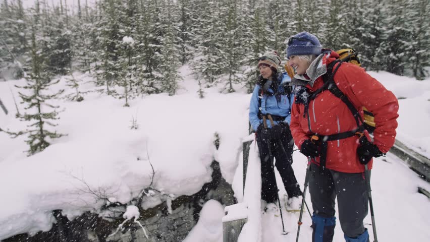 Women friends snowshoeing on footbridge in snowy winter woods