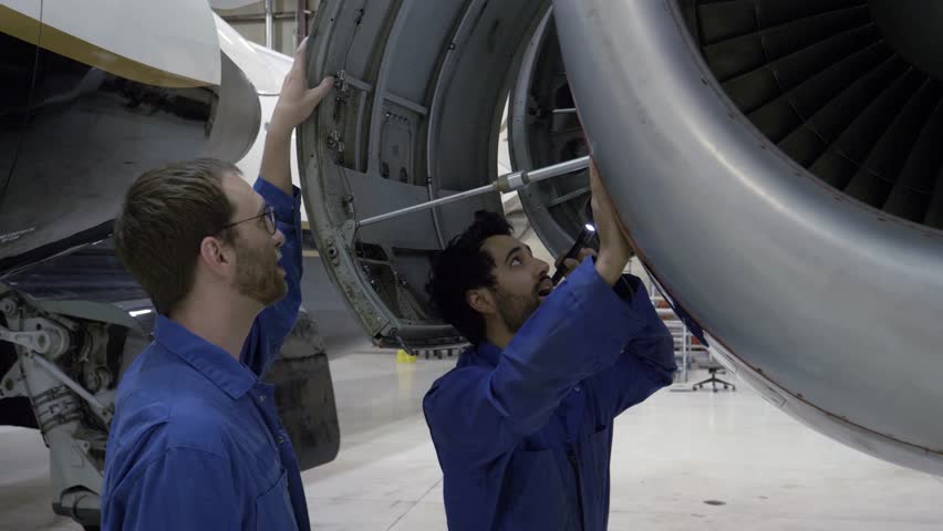 Male airplane mechanics inspecting engine in hangar