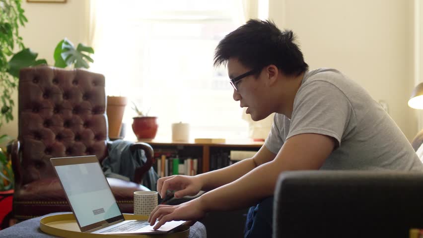 Young man working from home at laptop on living room sofa