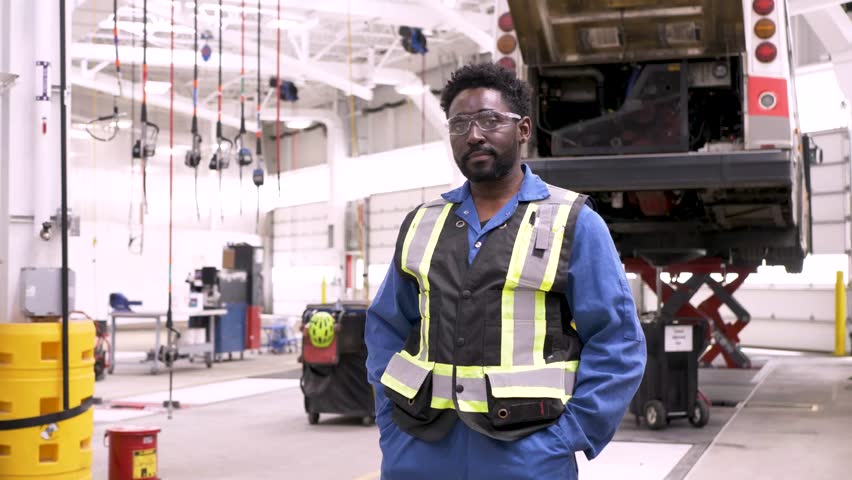 Portrait confident male mechanic in bus maintenance facility