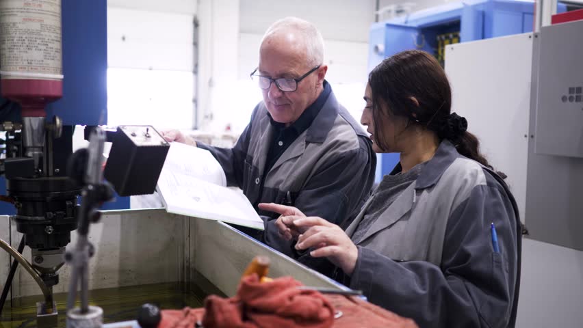 Workers with instruction manual operating machinery