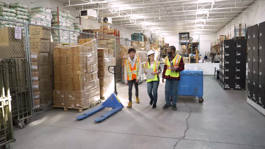 Warehouse workers and manager walking and talking - Powered by Shutterstock - Get 15% off with code: PIKWIZARD15