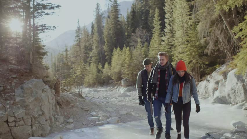 Group of people hing in icy gorge