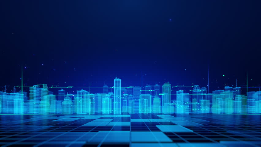 A futuristic cityscape depicted in a digital grid format, illuminated with blue lights, representing virtual reality and digital technology.