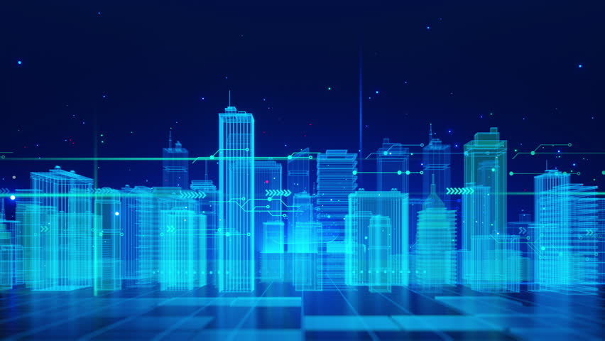 A futuristic cityscape depicted in a digital grid format, illuminated with blue lights, representing virtual reality and digital technology.