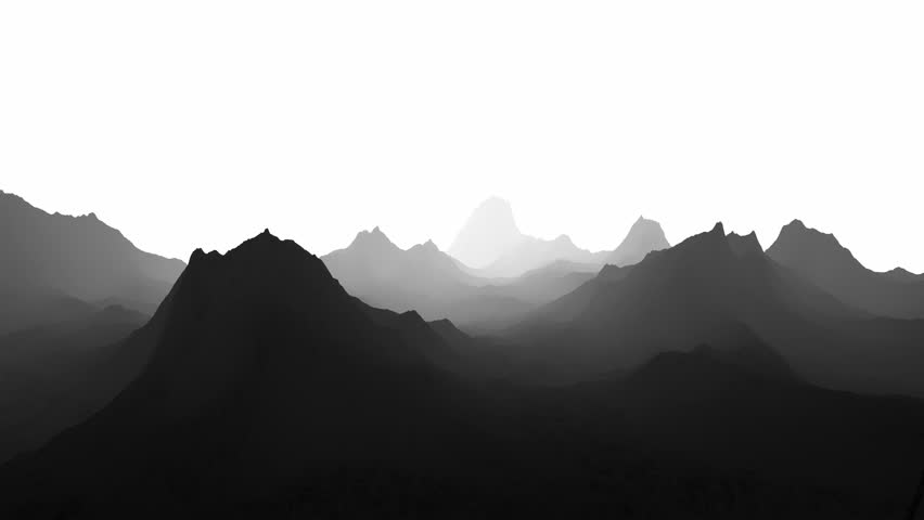 Flight above foggy mountain silhouettes landscape. Black and white nature background.