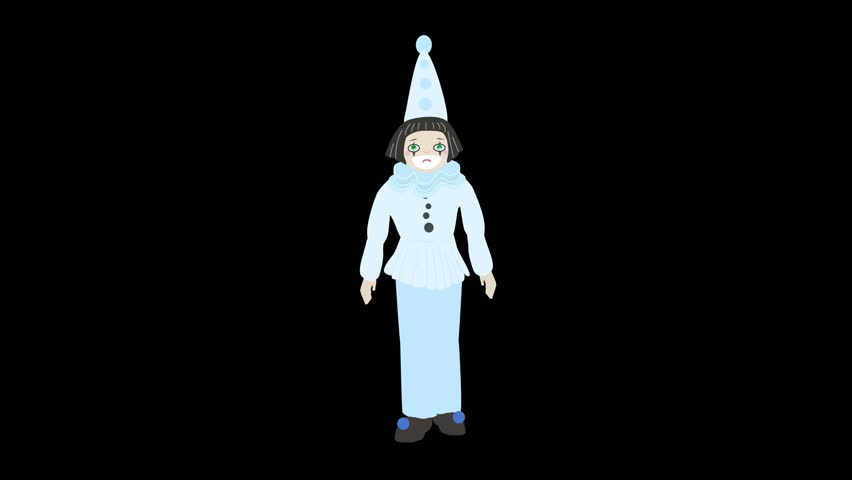 Clown puppet dancing on black background. Isolated Pierrot character with sad face expression and smile move limbs. Moving doll. French clown. 2d cartoony animation. Animated cartoon. Film grain pixel