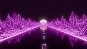 Retro background loop animation with highway and sunset. Retrowave, synthwave, vaporwave, 80s and 90s aesthetics. Retro wave style 3D Animation with seamless loop. Videogame landscape, neon - Powered by Shutterstock - Get 15% off with code: PIKWIZARD15