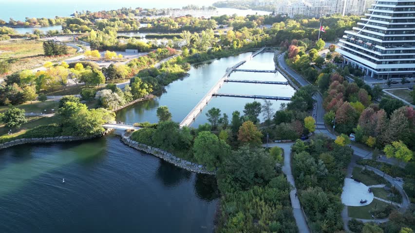 Aerial drone footage of Humber Bay park in Etobicoke Ontario Canada on a sunny day with blue sky