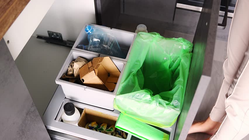 Hand of woman throwing trash into household bins for waste sorting in the kitchen for recycle. Plastic, paper, bio and mixed waste. Sorting waste at home concept. High quality 4k footage