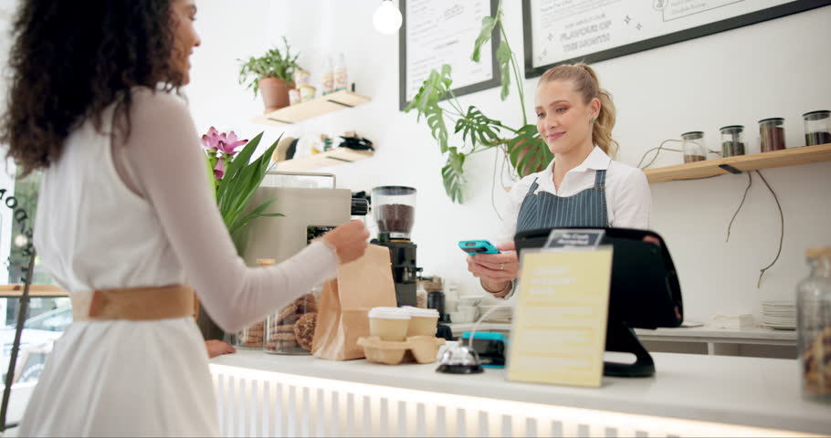 Credit card, barista or customer payment at cafe for food, drinks or meal at counter in coffee shop checkout. POS machine, waiter or employee in small business restaurant with a woman, lady or client