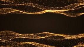 Septenary yellow golden waves on a black background. Smooth movement of liquid smooth copper form. Water texture surface made of glowing orange particles. Futuristic soft digital data flow. Graphic br - Powered by Shutterstock - Get 15% off with code: PIKWIZARD15