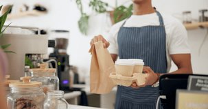 Barista, customer and takeaway coffee or hands or giving at counter as breakfast order, morning or espresso. Person, parcel and cafe shop or lunch beverage for small business food, latte or drink - Powered by Shutterstock - Get 15% off with code: PIKWIZARD15