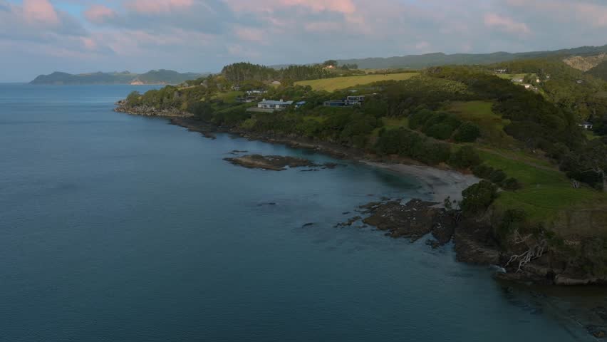Sandy beach coastline of Bream Bay in Waipu, Northland, New Zealand.
