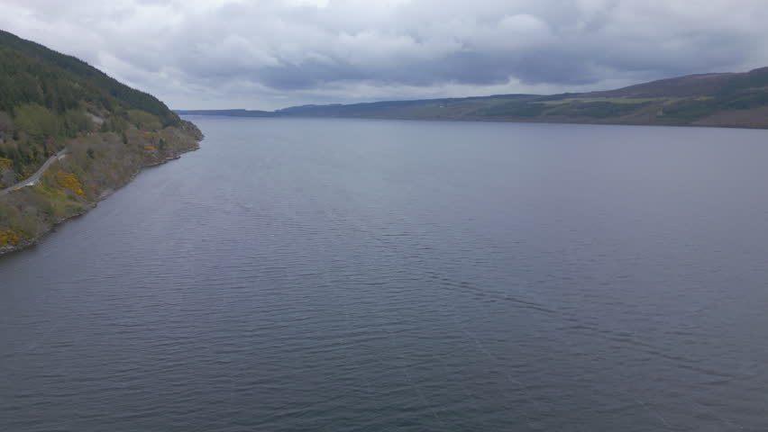 Aerial View of Scottish Loch Ness on a Gloomy Overcast Day
