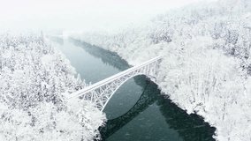 Drone Aerial view Landscape of Railway bridge between the mountain over the river in snow day. Pine tree forest mountain with railroad track covered in snow. Beautiful scenic nature in winter season. - Powered by Shutterstock - Get 15% off with code: PIKWIZARD15