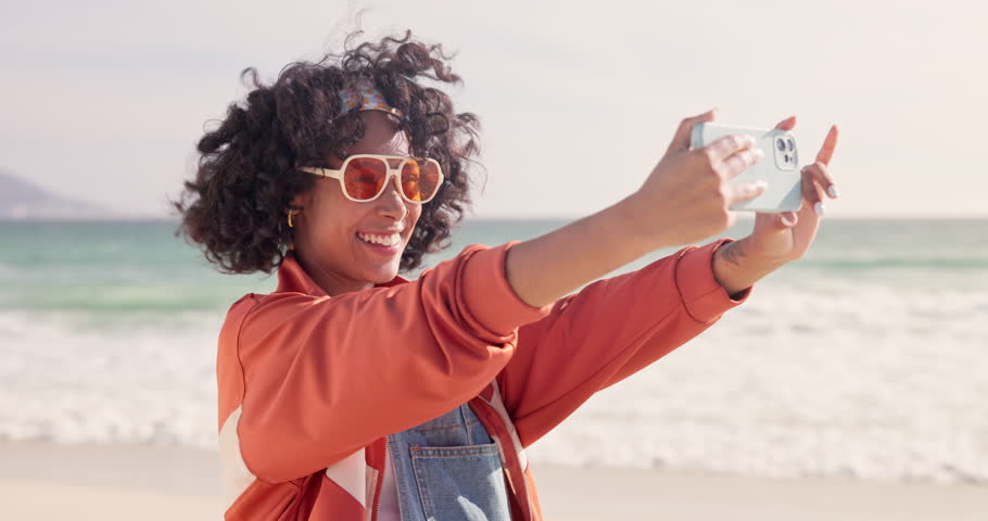Influencer, smile and selfie at beach in summer for content creation, travel post or memory of vacation. Woman, ocean and happy with picture for social media update, holiday and tourism in Maldives
