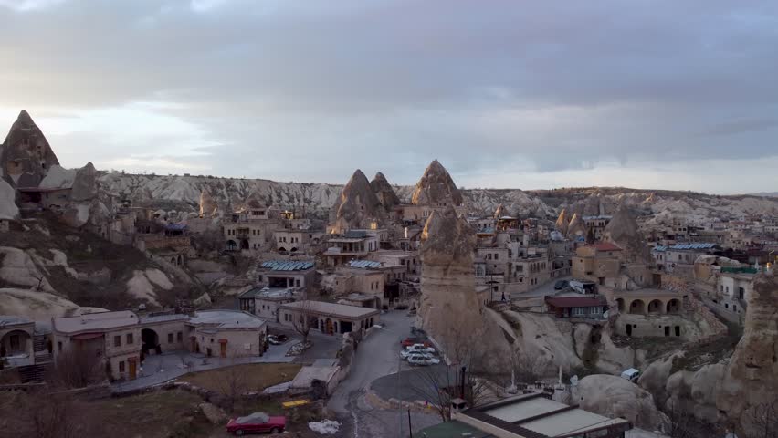 Aerial Drone View of Goreme Turkey, Edge of City Limits: Scenic Town Nestled in the Heart of Cappadocia