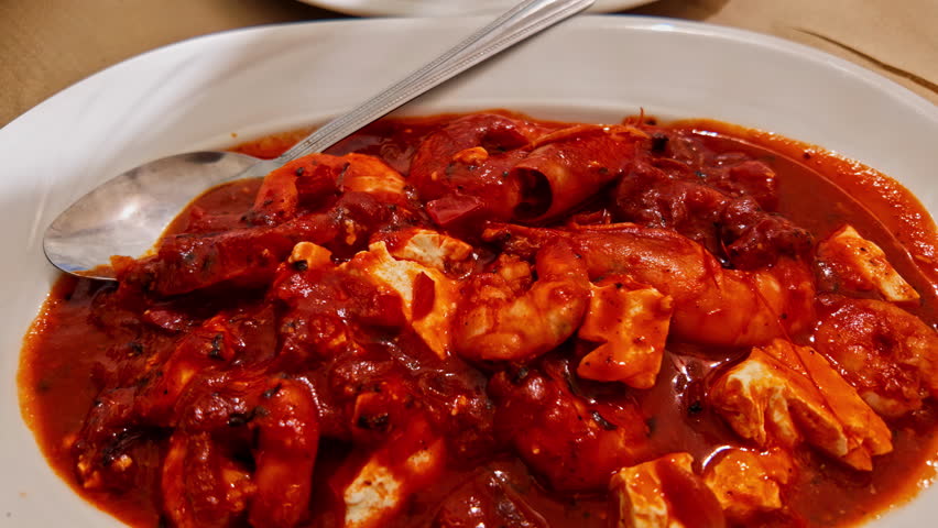 Closeup with shrimp tomato soup, tasty seafood in Athens restaurant