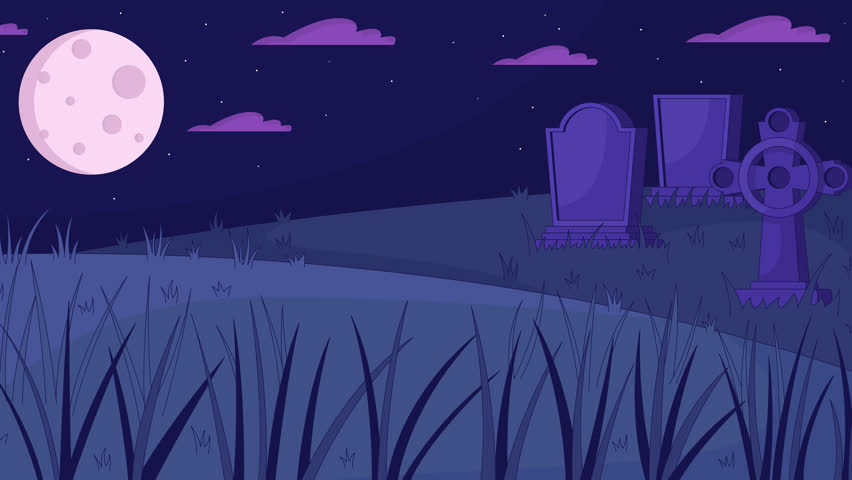 Ancient tomb yard at full moon cartoon animation. Mysterious landscape 4K video motion graphic. Old cemetery 2D animated background full frame, after hours aesthetic lofi live wallpaper