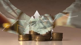Cg footage handshake with double exposure of US dollar and financial charts against the background of columns of coins on a beige monotone background with arrows growing upward. 3D Illustration - Powered by Shutterstock - Get 15% off with code: PIKWIZARD15